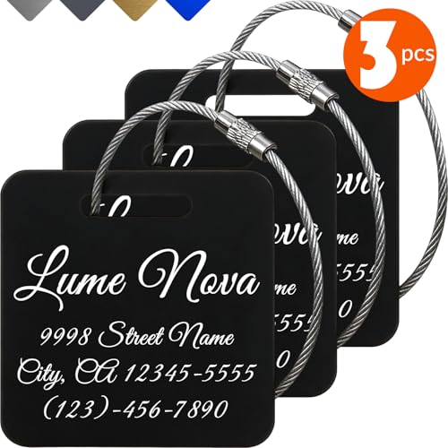 3PCS Personalized Engraved Aluminum Luggage Tags 2x2 Inch, Black Custom Metal Travel ID Tags for Suitcase Backpack Bag Luggage Identifiers - color: Black