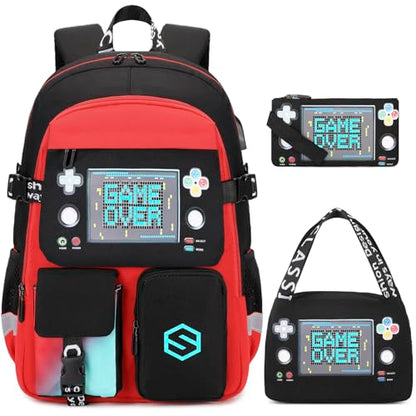 Scothen Boys Backpack, Cool Luminous School Backpacks for Boys with Lunch Bag Pencil Case, Kids Backpack Kindergarten Elementary Middle School Book Bags for Teen Boy Children with USB Charging Port - color: Red