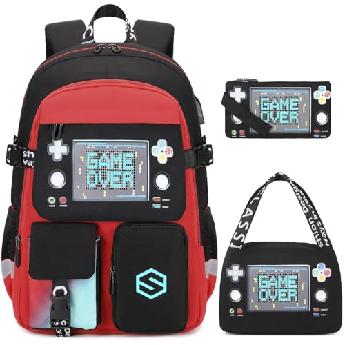 Scothen Boys Backpack, Cool Luminous School Backpacks for Boys with Lunch Bag Pencil Case, Kids Backpack Kindergarten Elementary Middle School Book Bags for Teen Boy Children with USB Charging Port - color: Red