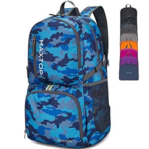 MAXTOP 40/50L Lightweight Packable Backpack for Hiking Traveling Camping Water Resistant Foldable Outdoor Travel Daypack - color: Camo Blue