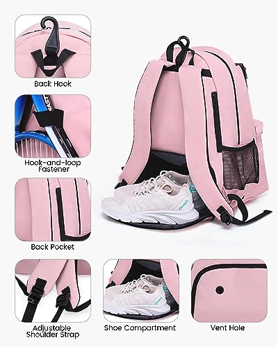 Sucipi Tennis Bag Professional Tennis Backpack for Men and Women Racket Bags Holds 2 Rackets with Ventilated Shoe Compartment - color: Pink with Shoes Compartment