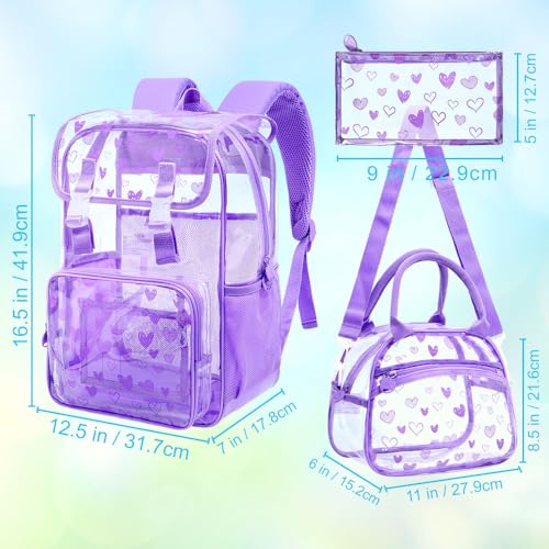 17" Clear Backpack for Girls, School Kids Transparent Bookbag Set, 3Pcs Stadium Approved See Through Backpack with Lunch Box (Purple) - color: Clear Love Purple Flip