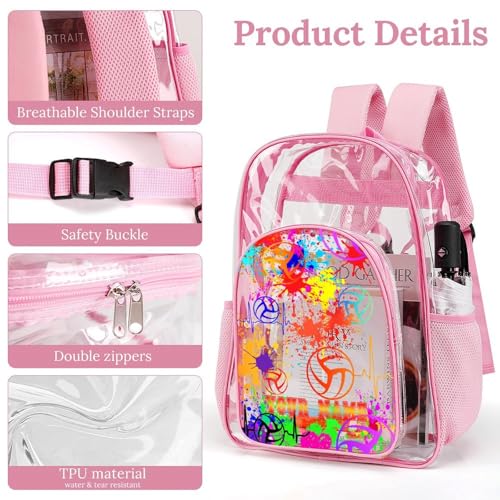 Custom Volleyball Clear Backpack Heavy Duty for Girls Kids Boys | Large Cool PVC Volleyball Theme Printing Transparent Backpacks for Schools Stadium Concerts Work - Clear/Pink - color: Volleyball Clear Backpack 1 Pink With Front Pocket Custom