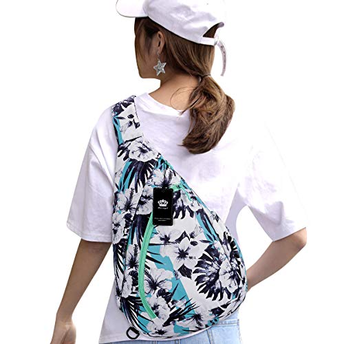 HUA ANGEL Crossbody Sling Bag for Men & Women Lightweight Waterproof Chest Shoulder Bag for Travel Hiking & Everyday Use - color: Black White Flower
