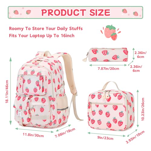 PIG PIG GIRL Backpack for Girls 3pcs Set Kids Backpack with Lunch Box Students Kawaii Book Bag for Elementary Primary Middle School Bags - Ita Backpack - Strawberry - color: Strawberry