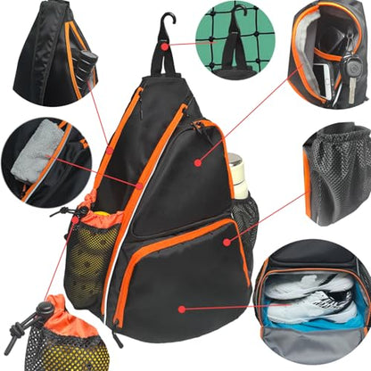 Pickleball Sling Bag with Shoe Compartment - Crossbody Backpack Fits 2 Paddles, 32oz Bottle & Fence Hook, Sports Bag for Men & Women (Shoe Limit: up to US Men's 10 / Women's 11.5) - color: Black/Amber