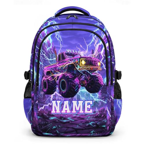 Personalized Backpacks Boys School Backpack for Kids Teen Truck Lovers, Custom Large Capacity Car Bookbag for Students Travel Camping Casual - color: Purple