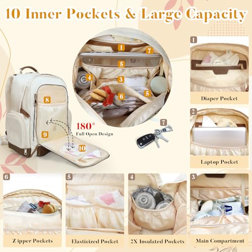 miss fong Diaper Bag Backpack - Baby Diaper Bag Mommy Bag Diaper Backpack with 16 Pockets Large Capacity Travel Diaper Bag Baby Shower Gifts for Mom & Dad-Off-White - color: Off-white