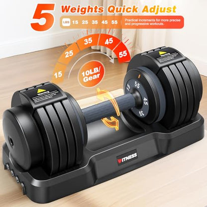 XDDIAS Adjustable Dumbbells Set of 2 for Strength Training, One-Hand Quick Adjust, 25/55/80/90 lbs Options, Anti-Slip Grip Handle, Compact Home Gym Weights for Men Women - color: Basic Black 5-Level 55LB Pair