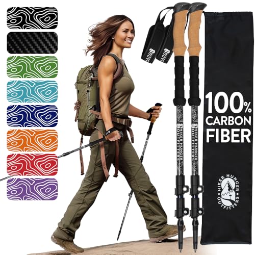 100% Carbon Fiber Trekking Poles by USA Brand - Ultra Strong Lightweight Collapsible Hiking Poles with Cork and EVA Foam Grips & Quick Adjustable Flip Locks - color: Cork - Black