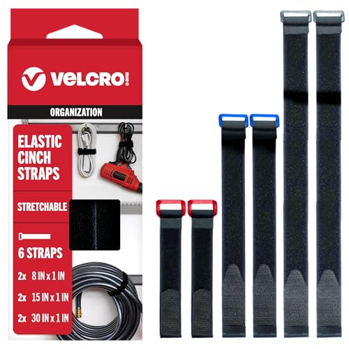 VELCRO Brand VEL-30794-AMS Elastic Cinch Straps with Buckle | 6pc Variety Pack 8"-15"-30"| Stretchable to Snugly Fasten Power Cords, Lumber, Bicycles, Sleeping Bags, Outdoor Umbrellas, More | Black - size: 6PK Variety 8"-15"-30"