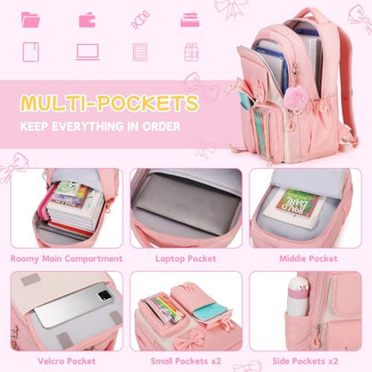 Girls Backpack, School Backpack for Girls, Cute Bow Kids Bookbag for Grils Children Teens for Elementary Middle High School Student, Pink - color: Pink