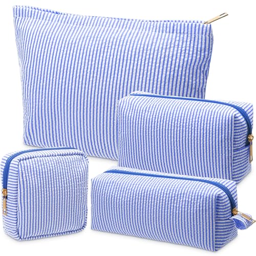 Sanwuta 4 Pcs Seersucker Pouch Cosmetic Bag Set Seersucker Makeup Bag Women Stripe Large Travel Toiletry Organizer Aesthetic Preppy Storage for Embroidery Women Bridesmaid Gifts(Dark Blue) - color: Dark Blue