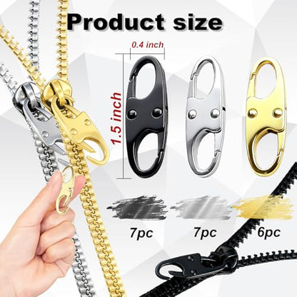 Zipper Clips Anti Theft, Double Opening Small S Carabiner, Zipper Pull Replacement, for Backpack Purse Luggage Suitcase - color: Silver + Black + Gold