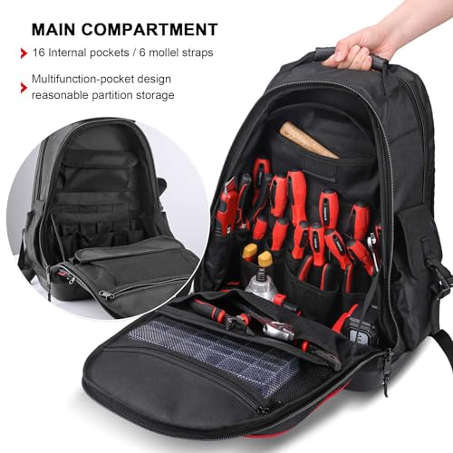 HAUTMEC Heavy-Duty Tool Backpack with Molded Waterproof Base, 1680D Tool Bag with Laptop Compartment, 22 Pockets, Padded Straps & Breathable Back Panel – HT0285