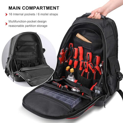 HAUTMEC Heavy-Duty Tool Backpack with Molded Waterproof Base, 1680D Tool Bag with Laptop Compartment, 22 Pockets, Padded Straps & Breathable Back Panel – HT0285