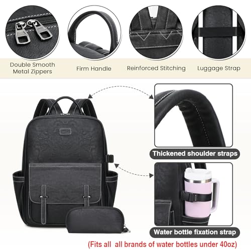Vegan Leather Laptop Backpack for Women Designer 15.6 Inch PU Laptop Bag, Ladies Travel Computer Work Backpack - color: Black