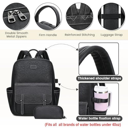 Vegan Leather Laptop Backpack for Women Designer 15.6 Inch PU Laptop Bag, Ladies Travel Computer Work Backpack - color: Black