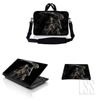 LSS 15-15.6" Laptop Sleeve Bag with Matching Laptop Skin Sticker & Mouse Pad Combo | Carrying Case for 14" 15" 15.6" - Reaper Skull - color: Reaper Skull, size: 15 inch