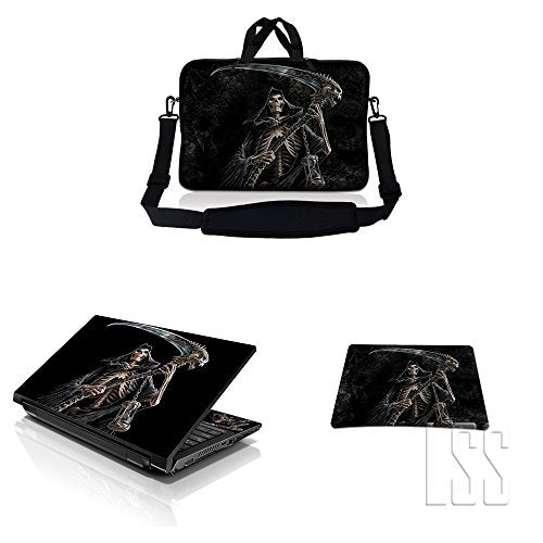 LSS 15-15.6" Laptop Sleeve Bag with Matching Laptop Skin Sticker & Mouse Pad Combo | Carrying Case for 14" 15" 15.6" - Reaper Skull - color: Reaper Skull, size: 15 inch