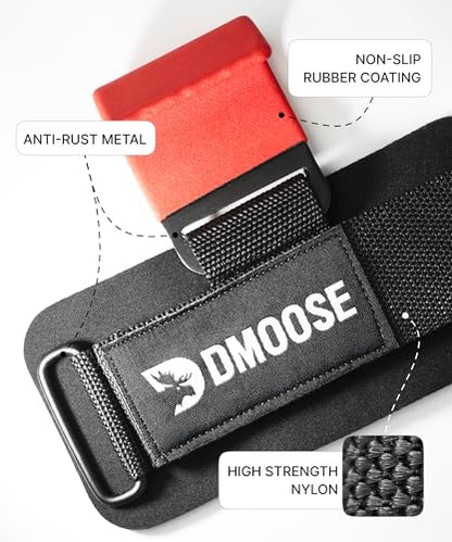 DMoose Fitness Weight Lifting Hooks (Pair) for Deadlifts, Pull Ups, Rows & Shrugs - Anti-Rip Nylon Strap Hand Grips with Thick Wrist Padding - Heavy Duty Wrist Straps for Weightlifting & Gym Workouts - color: Red