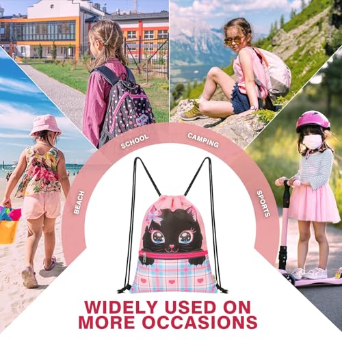 WAWASAM Kids Drawstring Backpack, Gym Swim Bag Cinch Bag for Girls Boys with Zipper Pocket - color: Cat