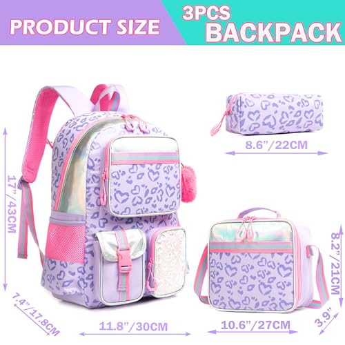 Meetbelify Aesthetic Backpack with Lunch Box for Elementary Students - Cute School Bag for Girls 8-10 - Purple - color: 3pcs Purple Love