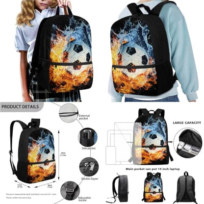 Soccer Water Flame 4-in-1 Backpack Set for Kids Multifunctional School Bag Set Reusable Daypack Casual Rucksack with Lunch Box Pencil Case Water Bottle Sleeve - color: Soccer Water Flame