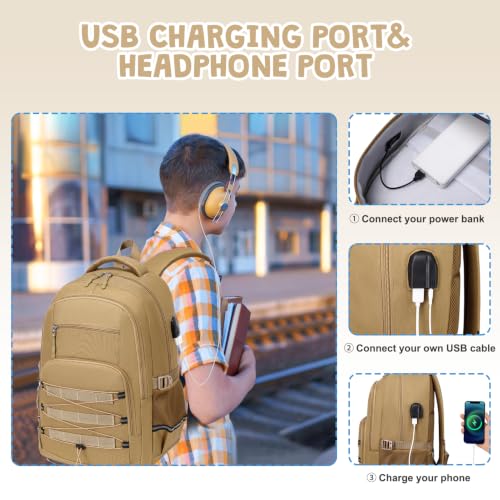 ACESAK Camo Backpack for Boys, Tactical Kids Backpack Boys, School Bags for Boy Children Teens Kids Elementary Middle High School, Military Bookbag and Lunch Bag Pencil Case Set with USB Charging Port - color: Khaki
