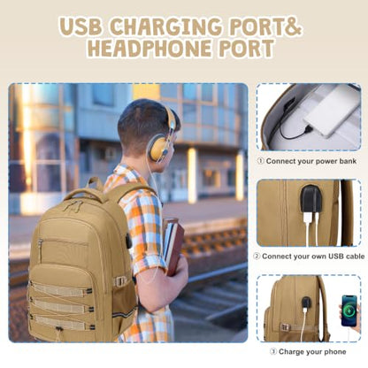ACESAK Camo Backpack for Boys, Tactical Kids Backpack Boys, School Bags for Boy Children Teens Kids Elementary Middle High School, Military Bookbag and Lunch Bag Pencil Case Set with USB Charging Port - color: Khaki