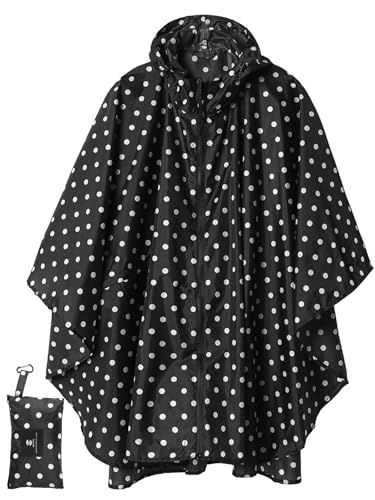 SaphiRose Unisex Rain Poncho Waterproof Raincoat Hooded for Adults Women with Pockets - color: Black Point