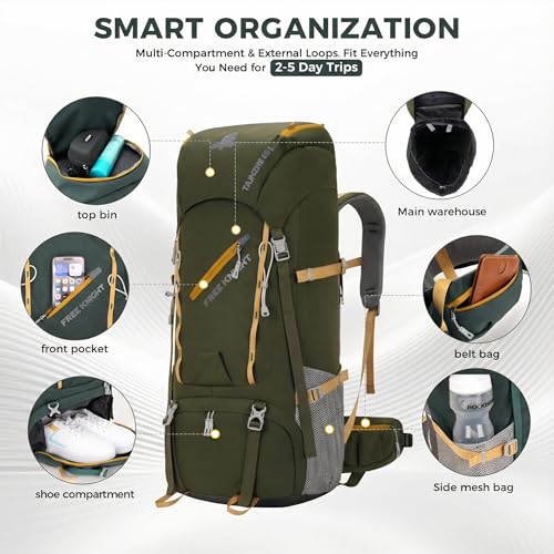 Bseash 65L Waterproof Hiking Camping Backpack with Rain Cover, Outdoor Sport Travel Daypack for Climbing Touring (Army Green) - color: Army Green