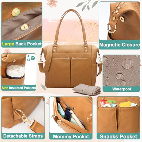 MOMINSIDE Diaper Bag Tote, Leather Diaper Bag Backpack with 13 Pockets for Mom Dad, Convertible Baby Bag for Boys Girls, Hospital Bag Baby Registry, Changing Pad, Large 4 Insulated Pockets (Biscuit) - color: Biscuit