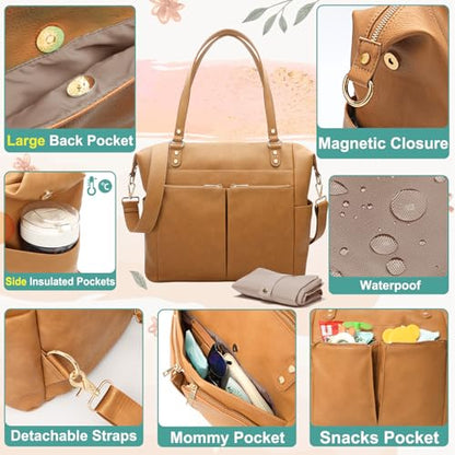 MOMINSIDE Diaper Bag Tote, Leather Diaper Bag Backpack with 13 Pockets for Mom Dad, Convertible Baby Bag for Boys Girls, Hospital Bag Baby Registry, Changing Pad, Large 4 Insulated Pockets (Biscuit) - color: Biscuit