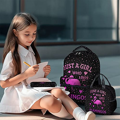 Flamingo Backpack with Lunch Box - Set of 3 School Backpacks Matching Combo - Cute Pink Bookbag and Pencil Case Bundle - color: Color-4-2