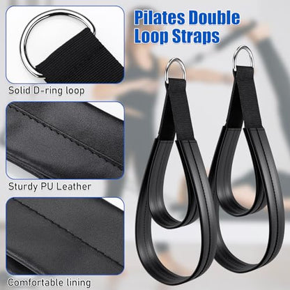 TOBWOLF Pilates Straps - Double Loop D-Ring Straps for Reformer, Padded, Home Gym Workout - color: Black (Upgraded Material PU Leather)