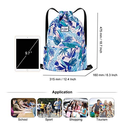 XEYOU Drawstring Sports Backpack Lightweight Gym Yoga Sackpack Shoulder Rucksack Casual Outdoor Daypack for Women and Men | Lightweight - color: Blue Leaves