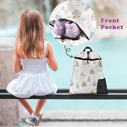 Pink Princess Castle Drawstring Backpack, 15” x 17” Waterproof Swim Bag for Beach Swimming Pool, Lightweight Foldable Gym Bag with Water Bottle Holder for Sports Travel - color: Princess Castle