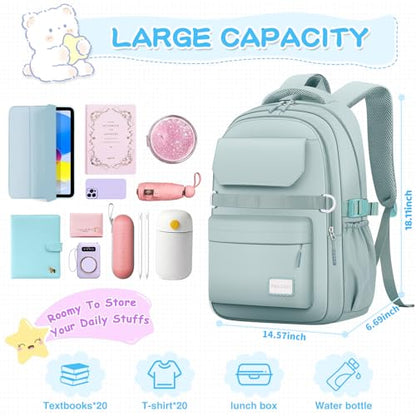 PRAGARI Kids School Backpack for Teens Girls Aesthetic Green Backpack Lightweight College Laptop Casual Travel Bookbag - color: Green