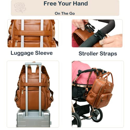 Leather Diaper Bag Backpack for Women with Multiple Pockets,Laptop Compartment and Changing Pad. - color: Brown