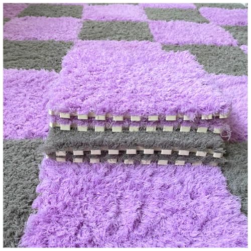 Thickened Plush Foam Interlocking Floor Carpet Mat,24 Piece 12x12in Fluffy Square Puzzle Foam Carpet Tiles with Edgings,Soft Anti-Slip Shaggy Area Rug Playmat(Color:Purple+Grey) - color: Purple+grey