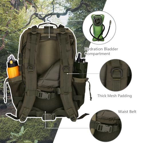 Hannibal Tactical 45L MOLLE Assault Backpack, Tactical Backpack Military Army Camping Rucksack with Bottle Holder, 3-Day Pack Trip w/USA Flag Patch, D-Rings, Olive - color: Olive, size: 45L