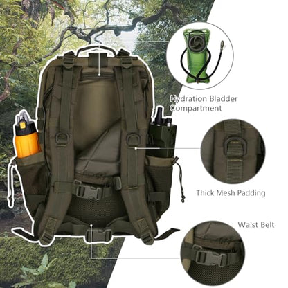Hannibal Tactical 45L MOLLE Assault Backpack, Tactical Backpack Military Army Camping Rucksack with Bottle Holder, 3-Day Pack Trip w/USA Flag Patch, D-Rings, Olive - color: Olive, size: 45L