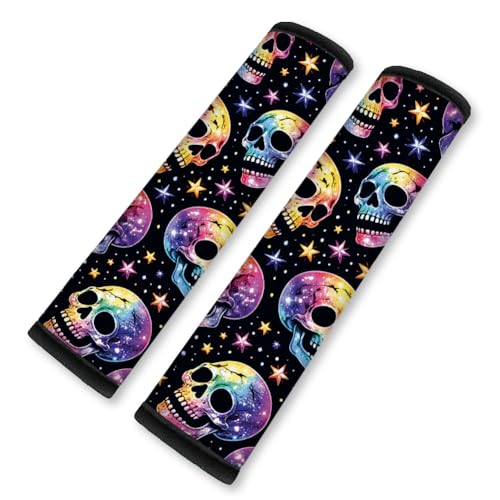 2Pcs Halloween Soft Auto Seat Belt Cover Pads, Rainbow Skull Car Seatbelt Shoulder Cushion for Comfortable Driving, Compatible with All Cars' Seatbelt and Backpack Straps 11x2.4inch - color: Skull