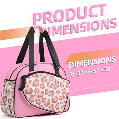 Boulder Bee Pickleball Bags, Premium Pickleball Tote Bag for Girls, Women’s Hand/Shoulder Gym Bag w Water Bottle Holder, with Pickleball Racquet/Paddle Holder - color: Leopard print-pink