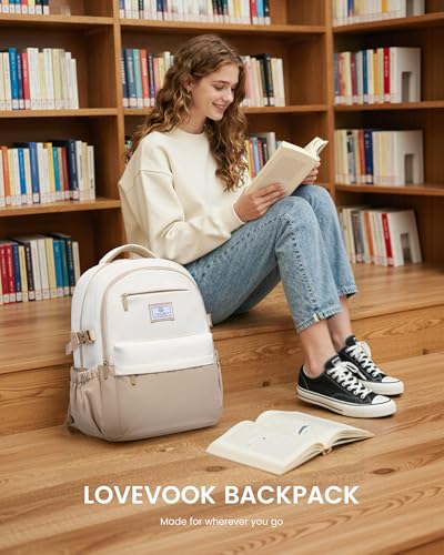 LOVEVOOK Laptop Backpack for Women Teens,College School Backpack with Tumbler Holder,15.6" Computer Bag,14 Pockets,Waterproof - color: Khaki/Cream, size: 15.6inch