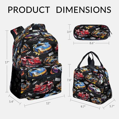 Boys Backpack Set - Racing Car Backpacks for Kids - 3Pcs Toddler Bookbag with Lunch Box & Pencil Case - Lightweight School Bag for Kindergarten/Preschool/Elementary (17 Inch) - color: Black