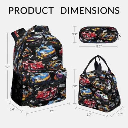Boys Backpack Set - Racing Car Backpacks for Kids - 3Pcs Toddler Bookbag with Lunch Box & Pencil Case - Lightweight School Bag for Kindergarten/Preschool/Elementary (17 Inch) - color: Black
