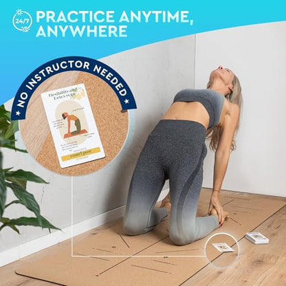 Natural Cork Yoga Mat with Alignment Lines and 55 Instructional Cards in 7 Themes for Beginner - Non-Slip Eco Friendly - 183x66x5mm for Home Workouts, Balance & Precision