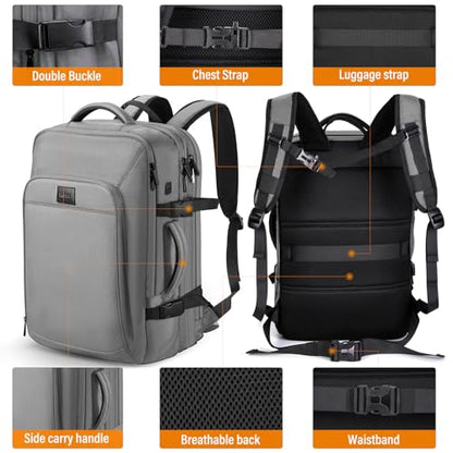 HOMIEE Carry On Luggage 22x14x9 Airline Approved 50L Travel Backpack, Extra Large Expandable Laptop Backpack, Black (Grey) - color: Grey